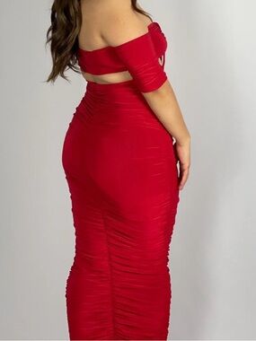 Red Ruched Bodycon Maxi Skirt - Women